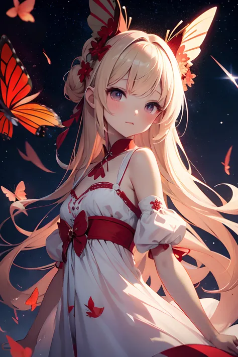 ​masterpiece、a beauty girl、Red butterflies in a white mini dress with a slit々Embroidery、Blonde Long、Red butterflies with hair tied up in a bun々Pin in、Background with（（Fantastic starry sky、kosmos、black hole））、heavy wind