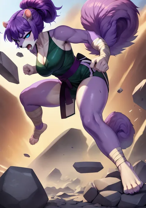 Solo:1.3, Kaori, purple squirrel girl, short purple hair in bun, short purple tail, blue eyes, barefoot, 4 toes, paws, wearing brown and white skimpy martial arts outfit, bandage wraps on hands, standing:1.3, smashing through rocks with fists, punching:1.3...