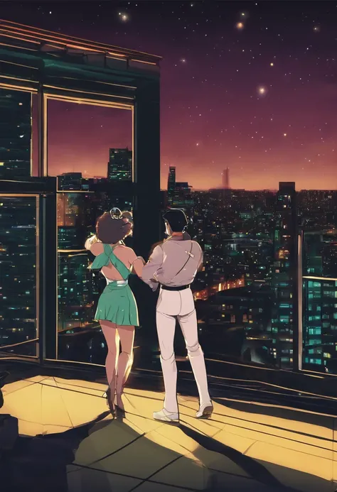 Urusei Yatsura、Ram-chan、cyberpunked, Beautiful couple in the buildings roof on the cyberpunk retro city、they are dancing in front of the stars in the ultra-realistic window at night,8K,Ultra-high definition,Pixar style,High Definition,16:9