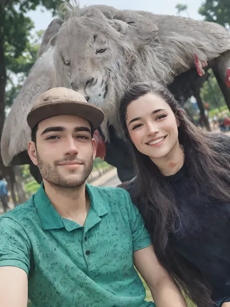 There is a man and a woman sitting together in a park, Parque em segundo plano, em um parque, com um parque ao fundo, imagem de qualidade muito baixa, facebook post, taken in zoo, vacation photo, Postagem 4k, 4 k post, Fotografia selfie 8k, Directed by: Na...