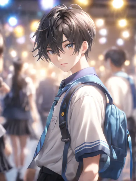 (Best Quality:1.5, Highres, UHD, 8K, Detailed Lighting, Shaders), (College Boy), Black Hair, Cute hairstyle, School Uniform, Wear school bag(POV), School Background, Standing, Colorful Eyeshadow, Dramatic Lighting, Sparkling Eyes, Confident Expression, Cut...