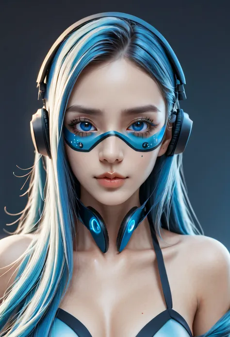 girl with long blue hair, blue eyes, futuristic vibes, mask on mouth, headphones, 8k, high quality, simple background, glowing eyes, nice pose