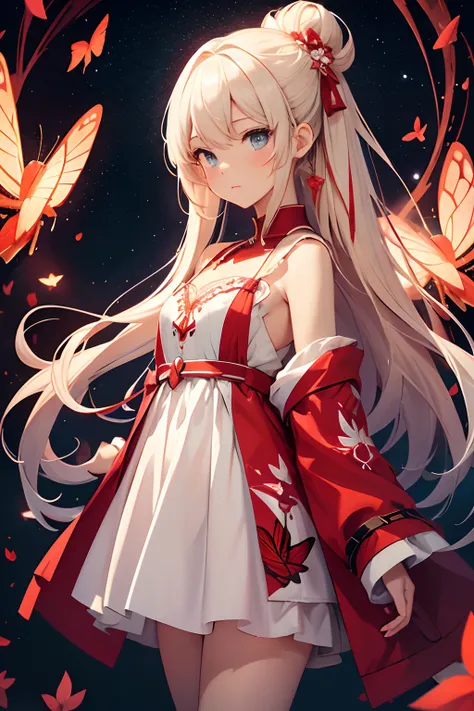 ​masterpiece、a beauty girl、Red butterflies in a white mini dress with a slit々Embroidery、Blonde Long、Red butterflies with hair tied up in a bun々Pin in、Background with（（Fantastic starry sky、kosmos、black hole））、Windy