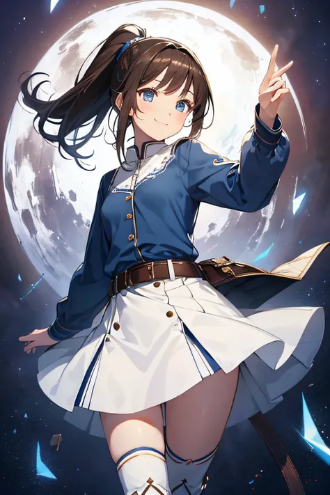 top quality, very delicate and beautiful, girl, 11 years old, (dark brown hair), blue clothes with vertical buttons, belt at the waist, white skirt, (ponytail)), (white hair band), (brown boots), blue eyes, standing, smile,