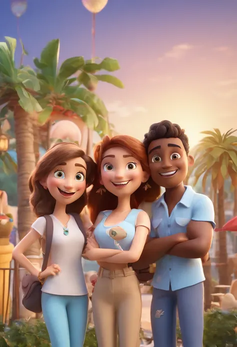 Cartoon of friends having fun on vacation together, amigos felizes saem juntos, all wearing light blue shirts and cream brown long pants, camisa azul clara, cream brown pants, ao ar livre, vacation, Disney Pixar Animation Poster