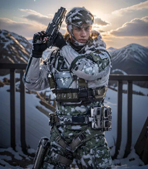 male soldier, muscular man, Norwegian face, has a scar on his eyebrow, Highly detailed face, white skin, blue eyes, very light blonde hair, Wears military uniform White and gray camouflage uniform, Blue details, matte, bulletproof vest, Color blue and whit...