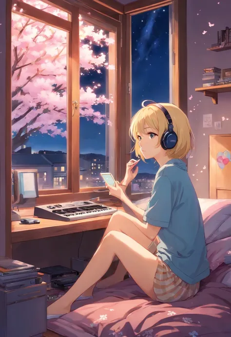 A young blonde woman in her bedroom sitting by the window listening to music on her headphones, Outside the window are cherry blossoms under a starry night sky. Capte a beleza e serenidade desta cena, com as flores suavemente iluminadas pela luz do luar. J...