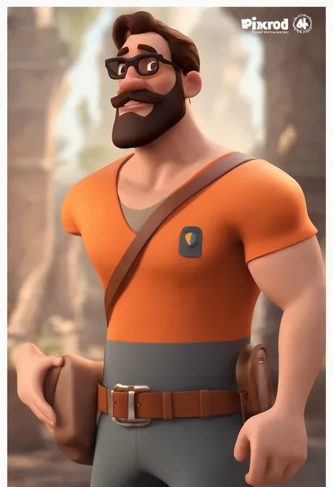 MAKE a Disney Pixar Style Character Style Display Poster "ALMA DISNEY PIXAR "Cartoon of a thinly bearded brunette man wearing black sunglasses and an orange t-shirt, um personagem animado, com roupas de trekking e mochila nas costas, Caractere estilizado, ...