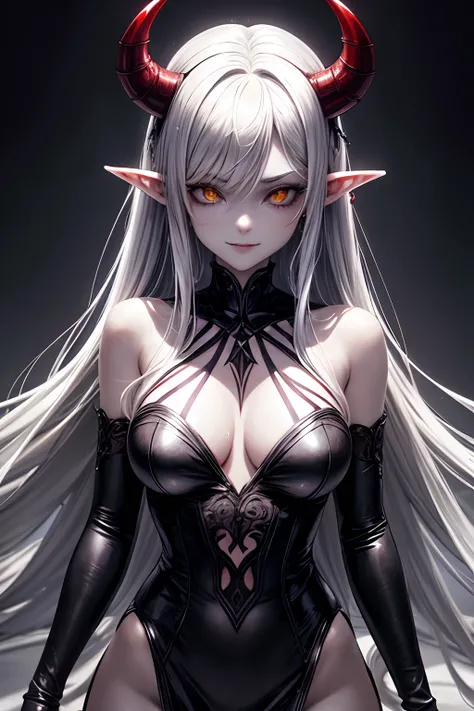 Female demon with elf ears and devil horns, Long differentiated silver hair, Devils Yellow Eyes, Vertical pupil, Mature adult face with evil and evil smile for viewers, vampire teeth, Bulky body with small breasts and bust, pale-skinned, Widow dress in bla...