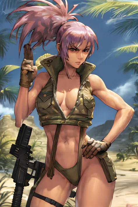 Vest and panty, naked, serious, sexy pose, military, desert. Cammo, Sun, hot, guerrilla, tropical, wetting, leona from the king of fighters.