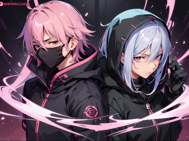 1 anime guy in a Black Hoodie stealth suit and Mask, anime handsome man, anime boy, male anime character, handsome anime pose, male anime style, tall anime guy with grey eyes, anime portrait of a handsome man, he has light pink hairs, as hair color, with m...