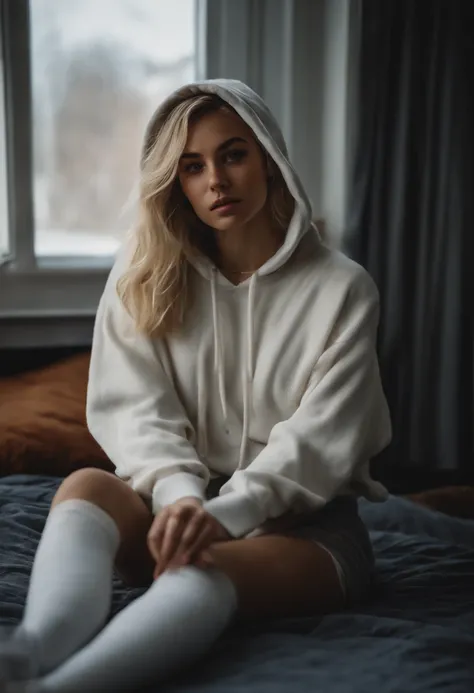 1 girl, blonde hair, streaks of hair in face, mascara, oversized hoodie, (midriff), hot pants, tights, laced tights, bags under eyes, sitting, on bed, ground angle shot, viewer looking down, chocker, raw photography, 8k, masterwork, posing seductively