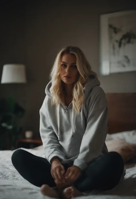 1 girl, blonde hair, streaks of hair in face, mascara, oversized hoodie, (midriff), hot pants, tights, laced tights, bags under eyes, sitting, on bed, ground angle shot, viewer looking down, chocker, raw photography, 8k, masterwork, posing seductively