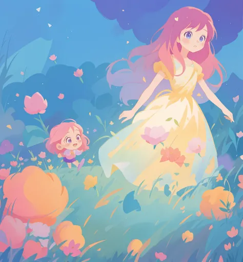 beautiful girl in puffy gradient ballgown, a field with round puffball pink flowers, otherworldly flowers, whimsical landscape, long pink flowing hair, watercolor illustration, inspired by Glen Keane, inspired by Lois van Baarle, disney art style, by Lois ...