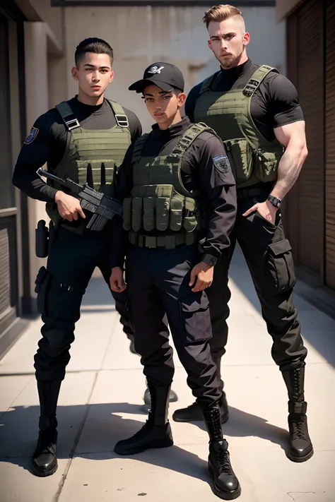 SWAT fighters, gay sex, cargo pants, young males, 18yo, square face, masterpiece, best quality, ralistic