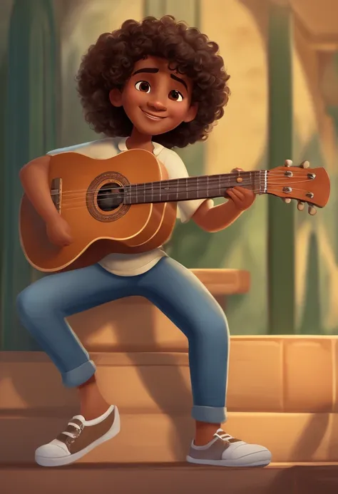 crie um banner no estilo Pixar. A boy with Indian features, moreno pardo com cabelos curtos, Castanhos escuros, Curly and slightly grayish appearance, mas jovem, usando uma camiseta, Wearing jeans and holding a classical guitar with 7 strings.