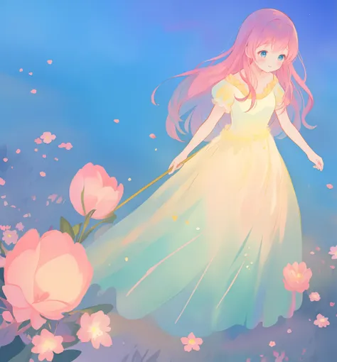 beautiful girl in puffy gradient ballgown, a field with round puffball pink flowers, otherworldly flowers, whimsical landscape, long pink flowing hair, watercolor illustration, inspired by Glen Keane, inspired by Lois van Baarle, disney art style, by Lois ...