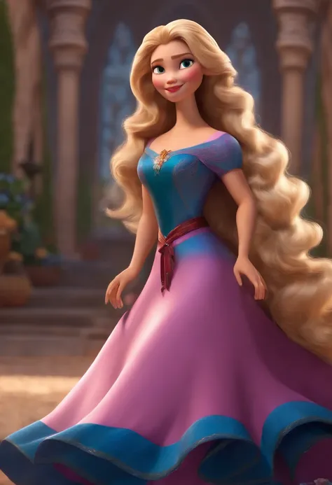 menina com vestido florido, Medium blonde hair like Pixar Disney cartoon