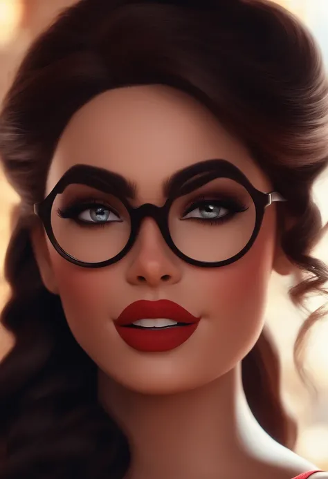 Pixar style image with 3D character glasses red brunette woman thin hair medium straight black dancing,  olhos pretos sobrancelhas grossas, Voliluminous Lips Disney Makeup, vestido,Close-up, Pixar, Disney, Cinema lighting,