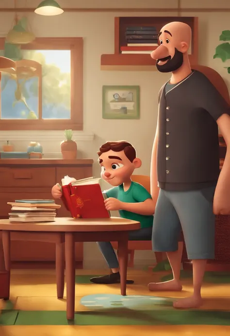 Poster 3D inspirado na Pixar Disney capturando uma cena com um homem pardo de 30 anos, bald head and cap, de sardas no rosto, olho verde, medium red-haired beard, no meio da sala de aula. Hes excited with a civil law book in his hand, mostrando sua felicid...