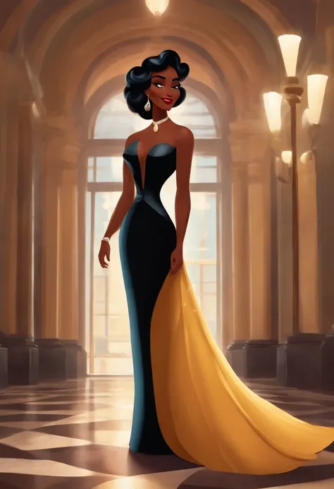 Mulher com vestido longo preto com uns 47 anos e mulata como desenho da pixar