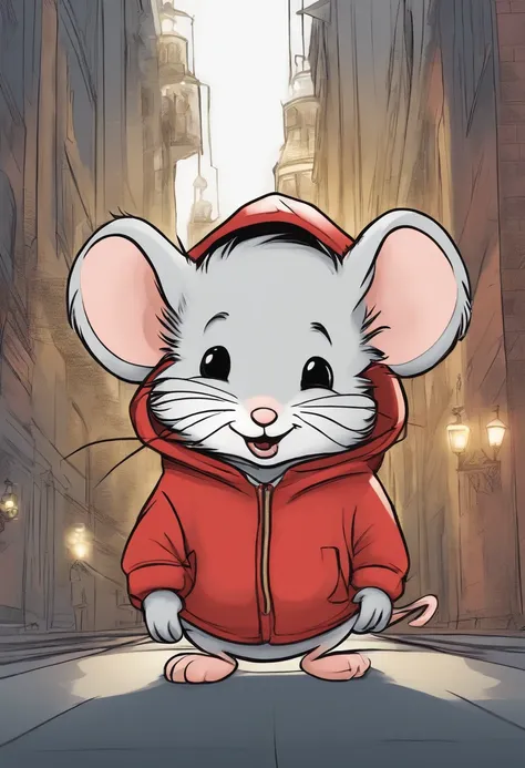 Small mouse，adolable，Shaggy，comic strip，White hai,Hoodie。