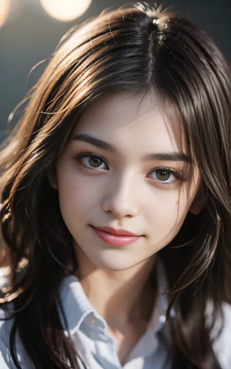 Film Portrait Photography, 1girl in, Wavy shoulder-length hair, shirt with collar, Serene, Calm, Gentle, vulnerable, Naive, Innocent, Shy smile, (Realistic detailed eyes, Natural Skin Texture, Realistic face details), Soft dramatic lighting, depth of field...