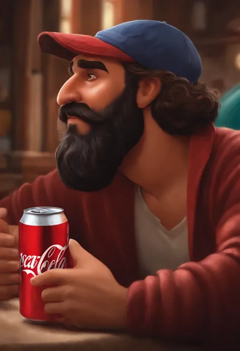 Homem gordinho, Branco, with cap, barba preta e segurando uma coca cola como desenho da Disney pixar