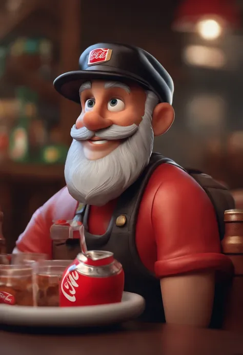 Homem gordinho, Branco, with cap, barba preta e segurando uma coca cola como desenho da Disney pixar