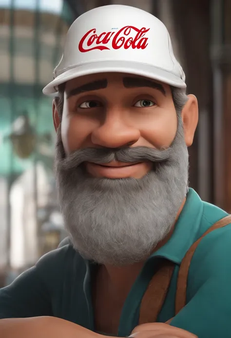 Homem gordo, Branco, with cap, barba preta e segurando uma coca cola como desenho da Disney pixar