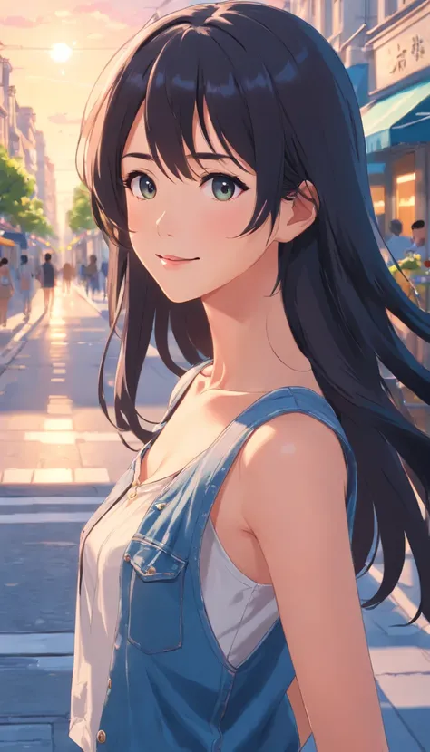 Masterpiece, Superior quality, Ultra-detailed, 8k drawing under CG unification, A woman looks directly at the observer, Summer subjects, Charming and happy expression, In the heart of Paris, Smiling, Long black hair and denim style.