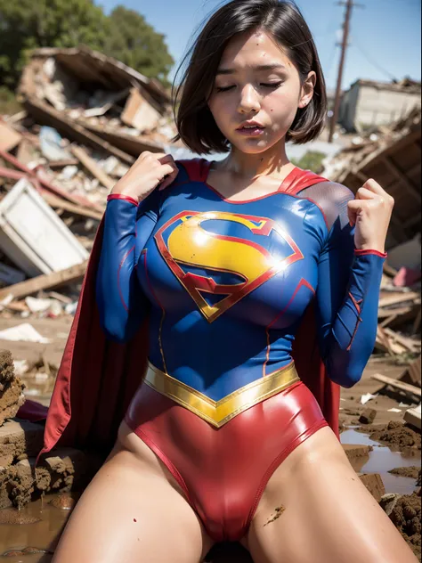 ​masterpiece、Short-haired Supergirl sleeping in the rubble、large full breasts、Looking at the camera、Glossy costume、Crotch、wounded、Mud stains、Covered in mud、Exhausted、Weekly magazine cover