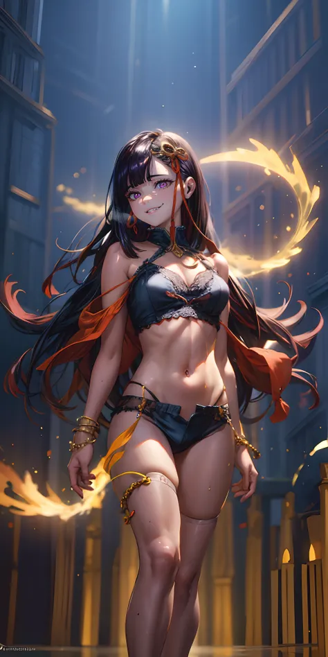 1girl, breasts, navel, bracelet, solo, jewelry, long_hair, large_breasts, looking_at_viewer, thighhighs, outdoors, see-through,  dark_skin, day, pelvic_curtain, breasts_apart, standing, gold, bare_shoulders, "glow effects, godrays, Hand drawn, render, 8k, ...