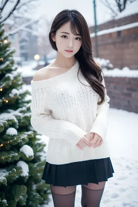 (RAW photo) Winters，Snowy scene，Pretty girl shoulder-length sweater，Wearing a short black skirt，Pantyhose under the skirt, White underwear, Random color，long sweater，depth of fields，Real light，Ray traching，OC renderer，UE5 renderer，Hyper-realistic，best qual...