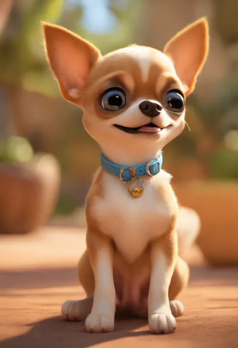 Uma chihuahua fulvo feliz, vestindo uma coleira de princesa, sentada, sorrindo, olhos grandes, fundo casa, Estilo Pixar, ....3d, desenhos animados, rosto detalhado, asymmetrical 16k