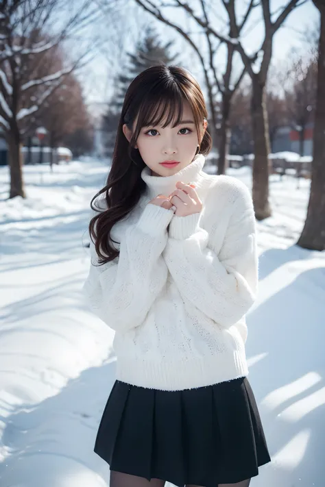 (RAW photo) Winters，Snowy scene，Pretty girl shoulder-length sweater，Wearing a short black skirt，Pantyhose under the skirt, White underwear, Random color，long sweater，depth of fields，Real light，Ray traching，OC renderer，UE5 renderer，Hyper-realistic，best qual...