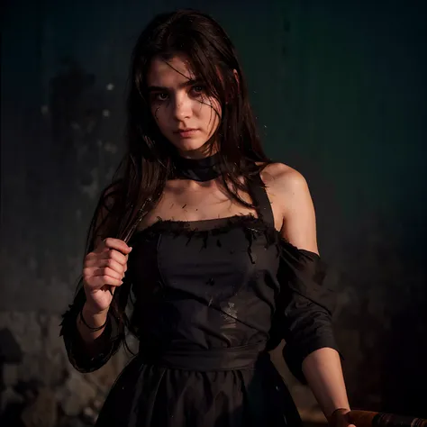 Determined Young Girl, les cheveux en bataille, with a torn dress and soot on his face after fighting. She holds a magic staff in her hand and looks at Umbrine with a confident look.