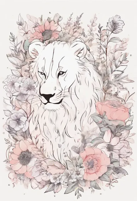 ((fundo branco)), ((Pre-designed images )), ((etiqueta)), (((lions ear)), Aquarela Bela arte de fantasia rosa selvagem, Olhos perfeitos com rosto bonito pele de cor roxa escura e flores, Cute Chibi Animation Style, Cores vivas e vivas, Detalhes intrincados...