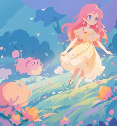 beautiful girl in puffy gradient ballgown, a field with round puffball pink flowers, otherworldly flowers, whimsical landscape, long pink flowing hair, watercolor illustration, inspired by Glen Keane, inspired by Lois van Baarle, disney art style, by Lois ...