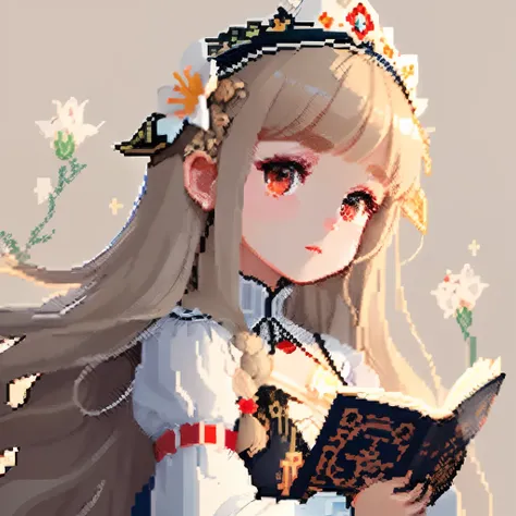 She was dressed like an ornate jewel, Costumes in gothic white and multicolored decorations、Girl with long hair in a dull light brown color、Look back and look at this.、Pixel art、Pixel Art Illustration、pixels、Plain background、Upper body、For icons、pixels_Art...