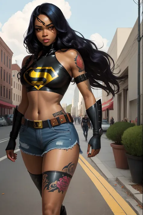 dc comic styled superhero black woman with long hair with white eyes and lots of tattoos