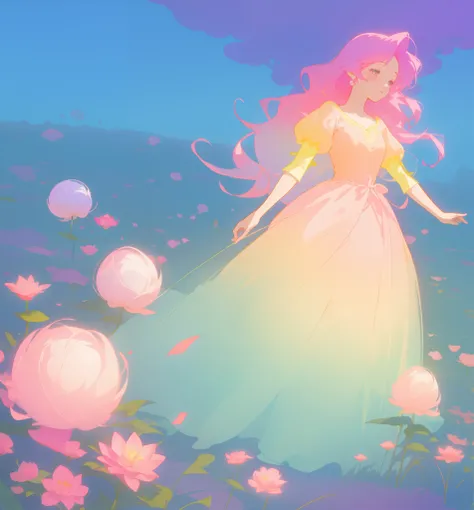 beautiful girl in puffy gradient ballgown, a field with round puffball pink flowers, otherworldly flowers, whimsical landscape, long pink flowing hair, watercolor illustration, inspired by Glen Keane, inspired by Lois van Baarle, disney art style, by Lois ...