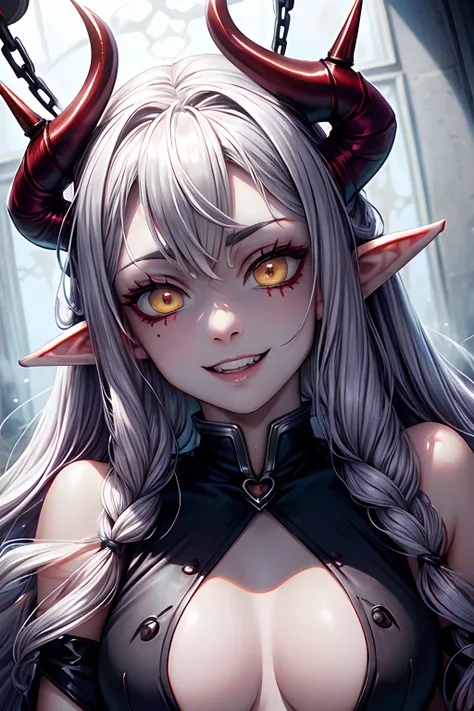 Female demon with elf ears and devil horns, Long differentiated silver hair, Devils Yellow Eyes, Vertical pupil, Mature adult face with evil and evil smile for viewers, vampire teeth, Bulky body with small breasts and bust, pale-skinned, Widow dress in bla...