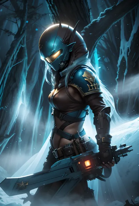 beautiful brown elf-gal space marine, swexy female space marine uniform, pinup-gal uniform, full body shot, extreme long shot, dark misty space forest, icy atmosphere, ice mist, predator eyes in the dark forest, dynamic pose, 24k