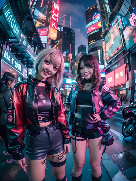 Cyberpunk style girl in colorful Harajuku costume, Accompanied by another girl. Both of them had disheveled hair、Laugh and laugh. Shooting with a fisheye lens, Perspective distortion. In the background、It depicts a bustling cyberpunk cityscape, With neon l...