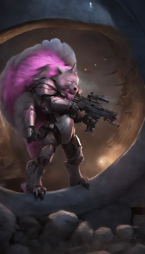 werecreature，Gray fur，Protective goggles，mechs，hour glass，Furry，Suspension cannon，quadratic element，Sleep under the moon，Firearms，Highest image quality，Pink meat pad，Furry gray tail，shoun，Tears