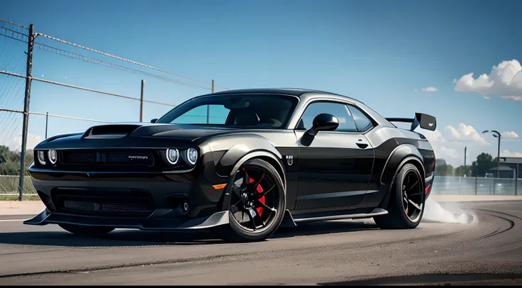 a black dodge challenger demon redeye scatpack, widebody kit, doing a burnout