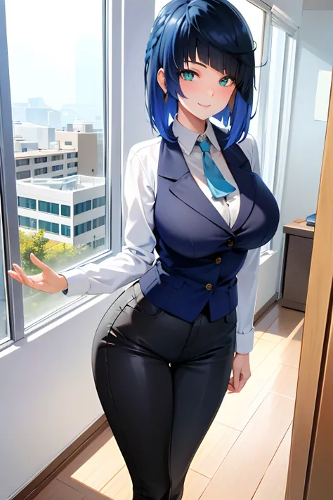 ((masterpiece, best quality)), (1girl),((mature female)), blue hair, ((office lady )),bangs,middle breast,(busty),slim,smile, [wide hips],office,standing