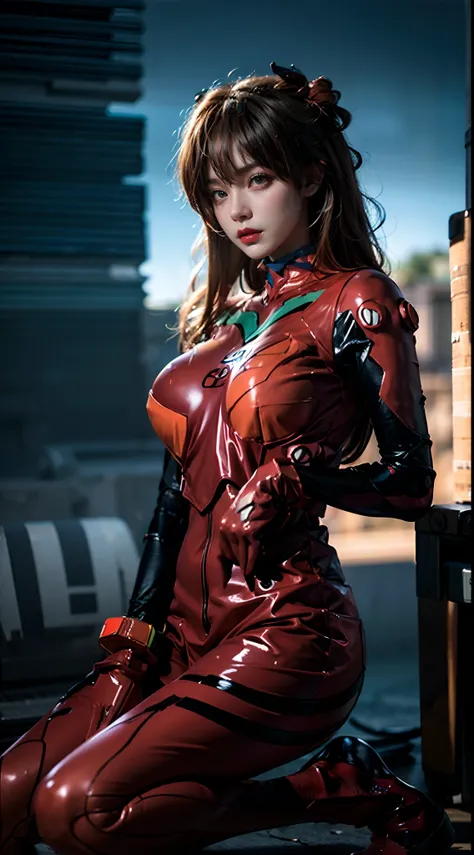 8K, Masterpiece, Best Quality, realisitic, Sharp focus, Cinematic lighting, Extremely detailed, Epic, dawn, girl, souryuuasukalangley,white, Tight suit, edgy, Sexy,urban , (Red Leon Lighting Background), open chest, Deep V Boobs, techwear,clothed,3DMM (3DM...