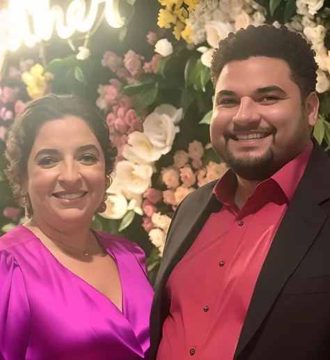 Theres a man and a woman together in front of a wall of flowers, imagem de perfil, foto do perfil, taken in the early 2020s, foto de perfil, Retrato de duas pessoas, foto de perfil, medium details, Fotografia tirada em 2 0 2 0, usando um tux rosa, foto de ...